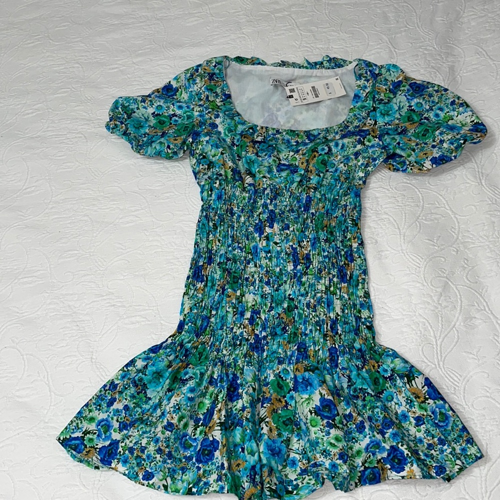 Zara mini dress.  Multicolored with puff sleeves
